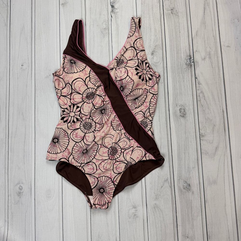 Vintage Floral One Piece Swimsuit Womens S Pink Brown Retro Y2K